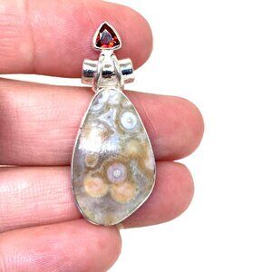 Solid, Sterling Silver, Ocean Jasper 1 1/2" Long Pendant Faceted Trillion cut